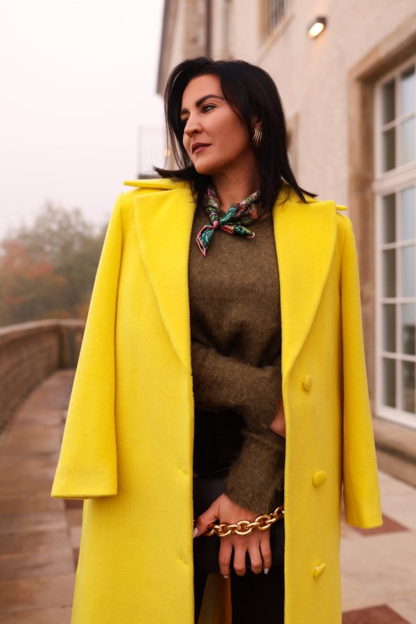 Żółty płaszcz damski, płaszcz damski, płaszcz wełniany