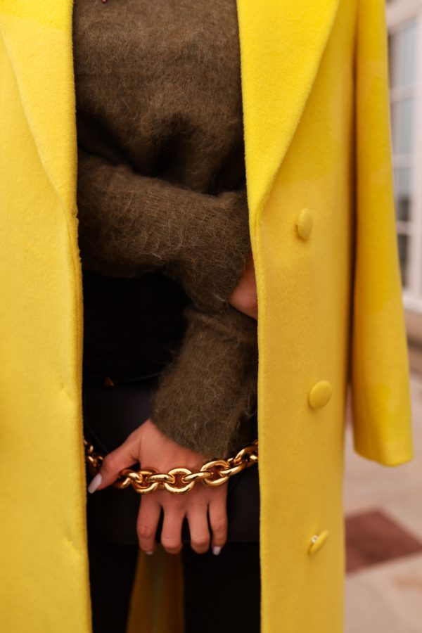 Żółty płaszcz damski, płaszcz damski, płaszcz wełniany