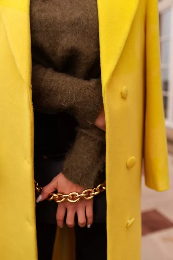 Żółty płaszcz damski, płaszcz damski, płaszcz wełniany