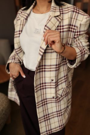 Marynarka w kratę bordową oversize, marynarka damska, marynarka oversize