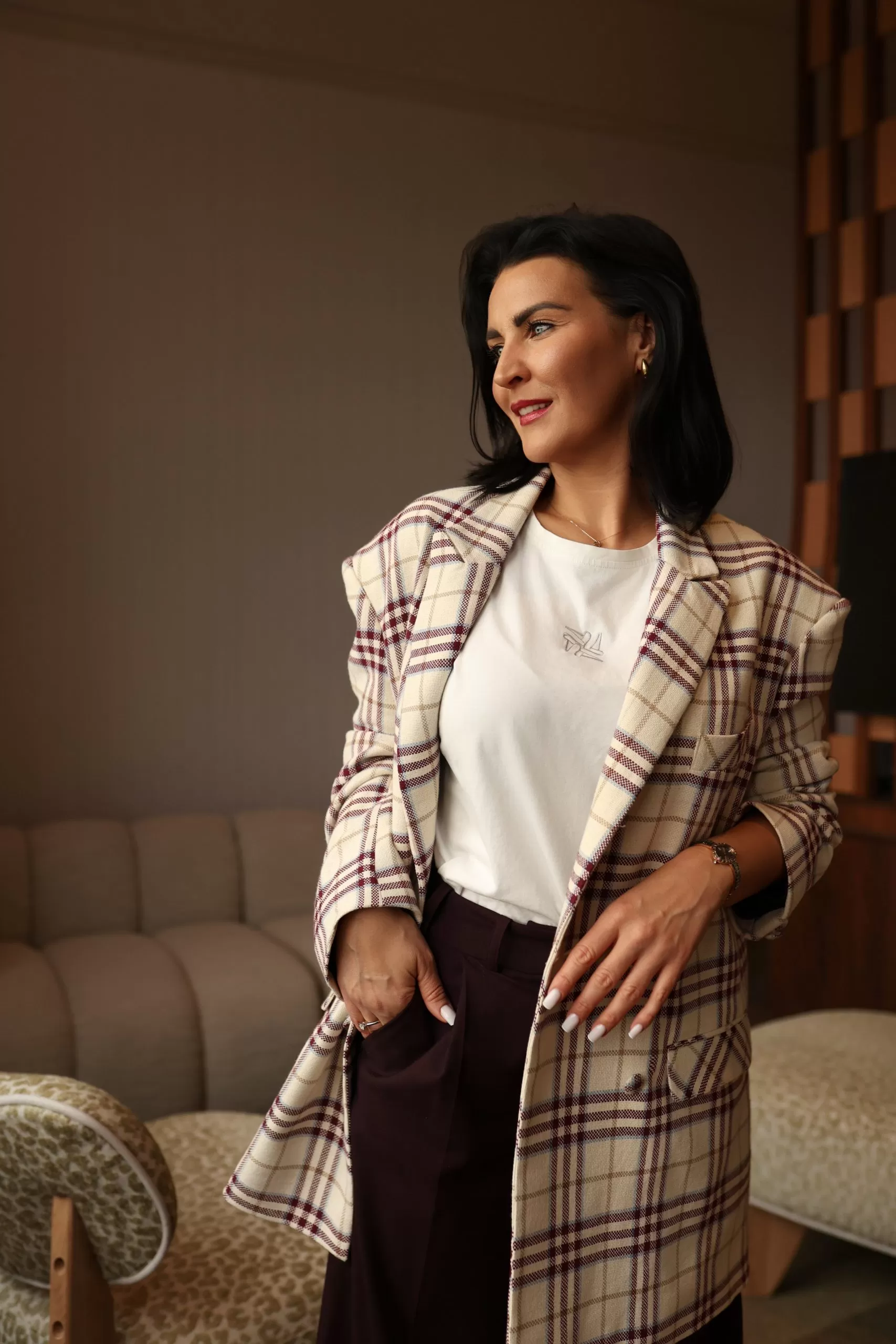 Marynarka w kratę bordową oversize