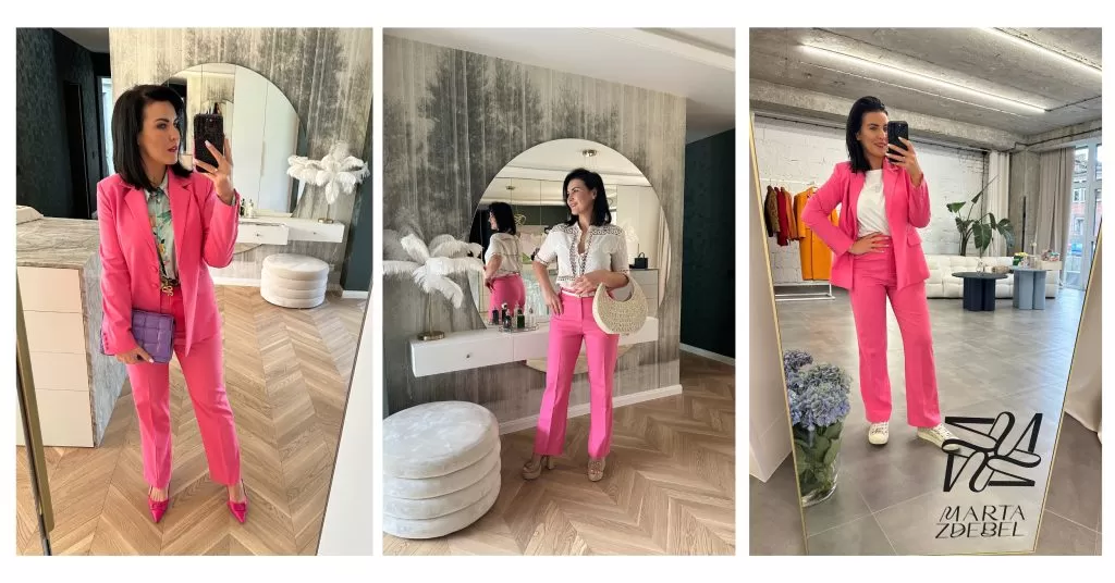 Różowy Październik, moda damska, różowy garnitur, marta zdebel