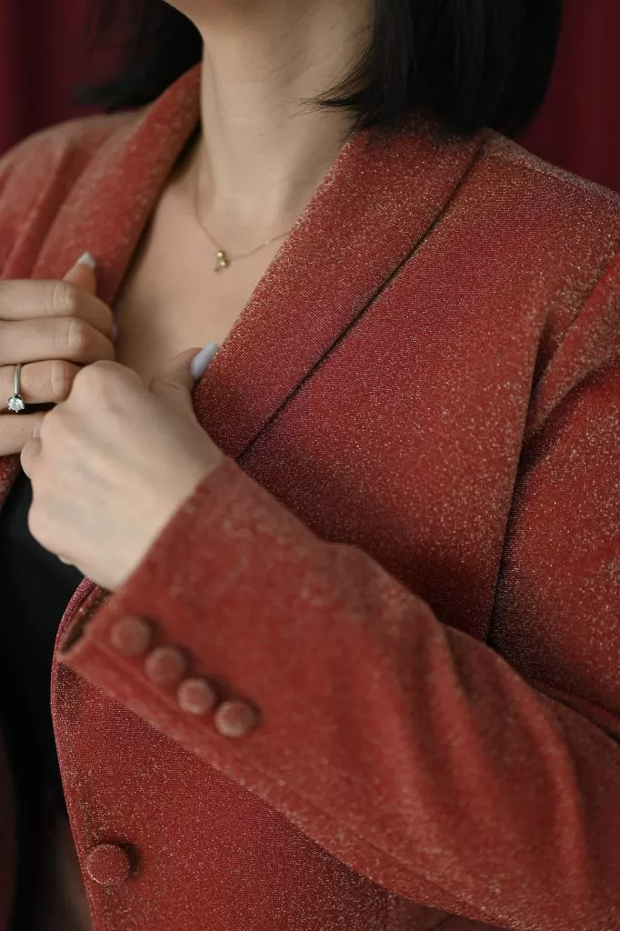 Garnitur damski rudy brokat