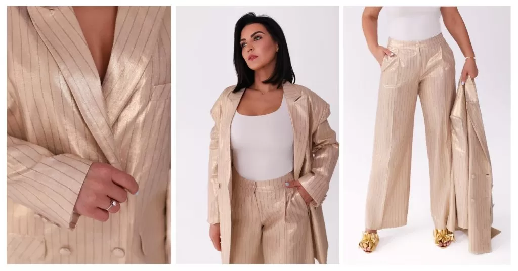 złoty garnitur damski lniany